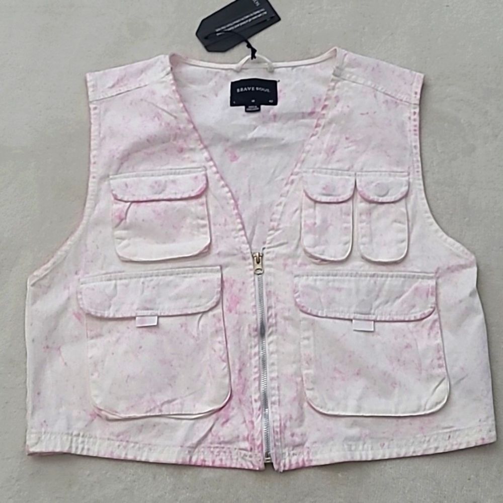 Brave Soul Utility Vest Tie Dye Pink White Women's 14 Large Gorpcore Outdoor